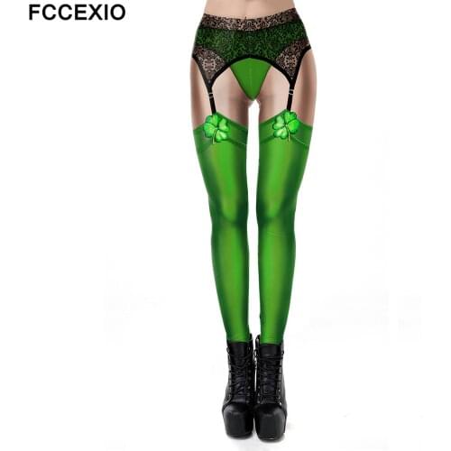 FCCEXIO High Waist Women Leggings Sexy Lace Printed Leggins Skinny Elastic Workout Pants Female Fitness Sexy Mesh Green Leggin
