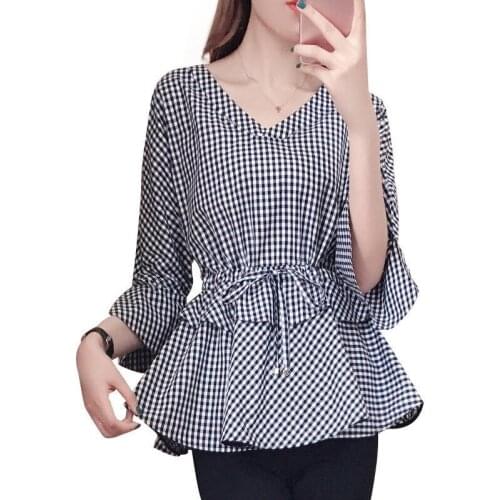 Womens Spring Autumn Style Blouses Shirts Womens V-neck Lace Up Long Sleeve Ruffles Striped Korean Elegant Tops SP670