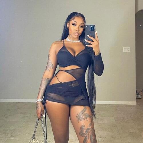 Womens Sheer Mesh Mini Dress Sexy Long Sleeve Solid Color Cut Out Bodycon Dress