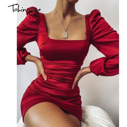 Tobinoone Square Collar Bodycon Christmas Dress Women Long Puff Sleeve Pleated Sexy Party Club Dress Lady 2020 Autumn Mini Dress