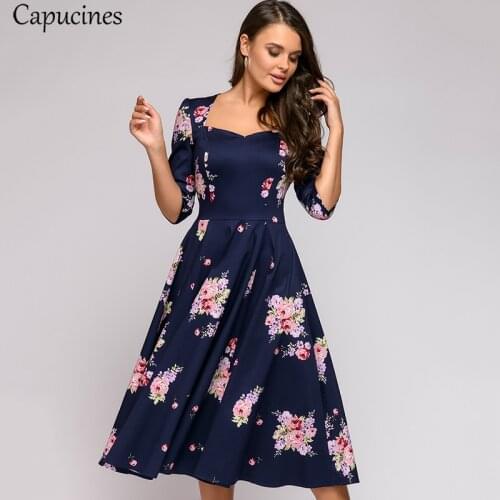 Capucines Floral Print Vintage Square Collar Woman Dress Autumn 3/4 Sleeve A Line Bow Tie Backless Sexy Midi Dresses For Women