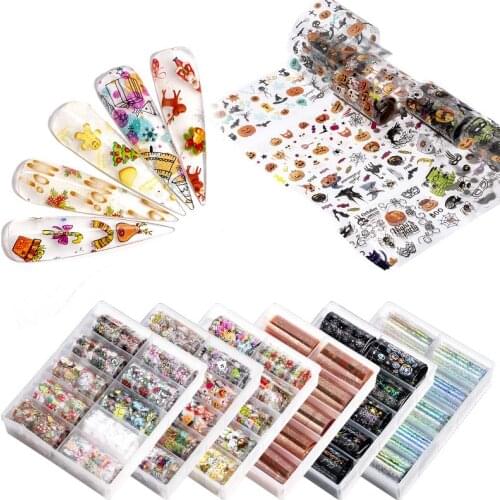 10x New Year Design Manicure Decoration Holographic Colorful Flowers Stickers on Nails Foil Transfer Manicure Starry Sky Paper