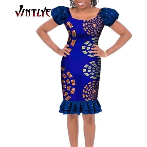 2021 African Clothing Women Dress Boat Neck Short Sleeve Lady Dresses Ankara Floral Printed Bazin Dashiki African Outfits WY171