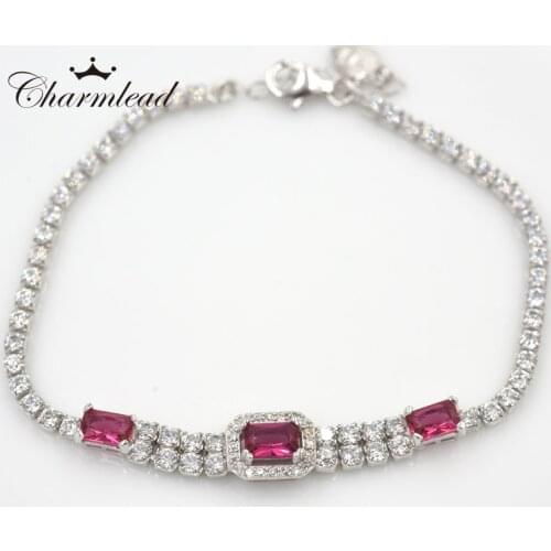 Charmlead Sterling silver 925 Link Chain CZ Bracelet Red Cubic Zirconia Crystal Charm Bracelets Fashion Party Jewelry For Women