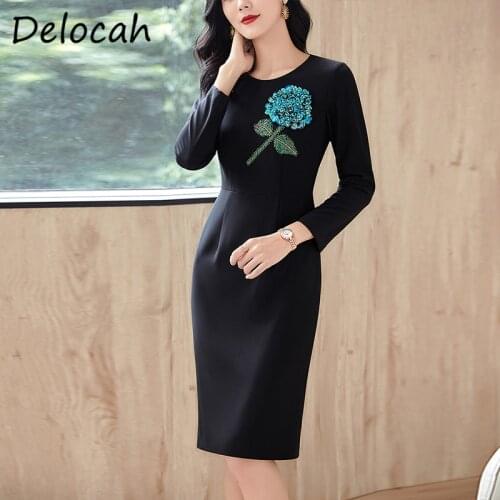 Delocah New 2021 Autumn Women Fashion Runway Pencil Dress Long Sleeve Gorgeous Crystal Beading Sequined Black Print Slim Dresses