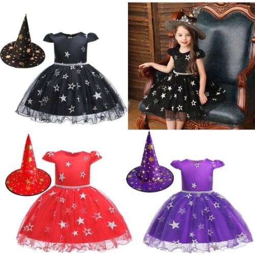 Kids Baby Girls Halloween Glitter Star Witch Dress with Hat Holiday Party Stage Performance Princess Tulle Outfits Costume 0-8 Y