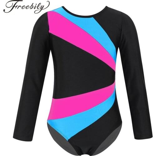 Kids Girls Long Sleeve Color Block Cutout Ballet Dance Gymnastics Leotard One-Piece Swimsuit Sports Bodysuit Kids Dance Wear