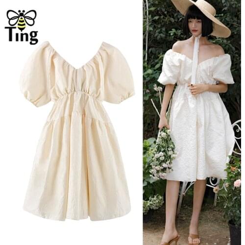 Tingfly Designer Cottagecore Vintage Jacquard Solid Color Ball Gowns Mini Dress Retro Casual Puff Sleeve Summer Casual Robes Za