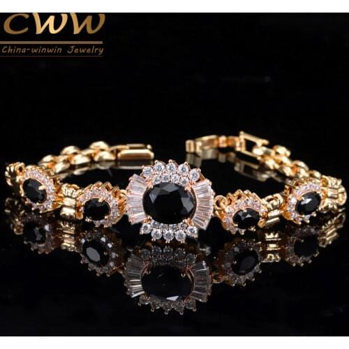 CWWZircons Elegant Flower Shape Chain Link Light Yellow Gold Color CZ Black Crystal Stone Bracelets Bangles For Women CB072
