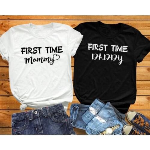 First Time Mommy Daddy Heart T-Shirt Hipster Slogan Graphic Tops Matching Couples Vintage Tumblr Letter Camisetas Tees