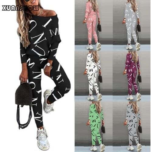 XUANSHOW 2021 Autumn Two Piece Outfits Sportswear Womens Letter Print Long Sleeve Long Pant Casual Suit Tracksuit Dresy Damskie