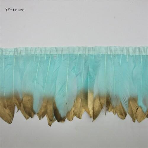 Goose Feather Trims 6 Meter Light blue Geese Feather Ribbons/15-18cm Fringes Gold Goose Feather Cloth Belt DIY decorative