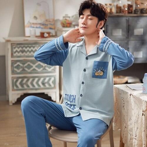 Mens Pajamas Cotton Spring Autumn Full Sleeve Long Pants Sleepwear Set Loose Turndown Collar Warm Home Clothes Plus Size Pajama
