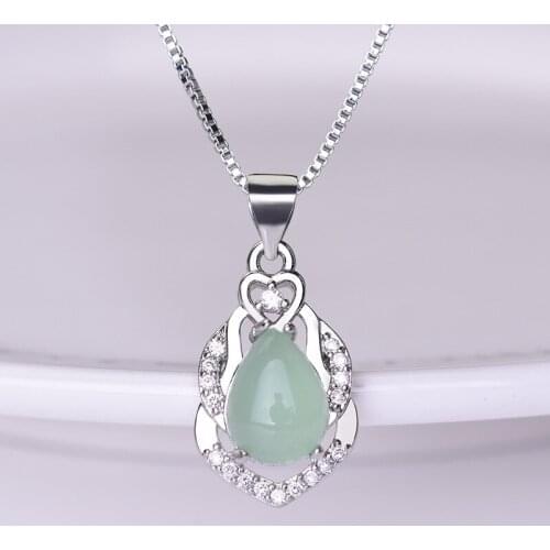Jade Pendant Female Light Emerald Chalcedony Pendant Water Drop Pear Shape S925 Silver Necklace Full of Diamond Zircon Clavicle