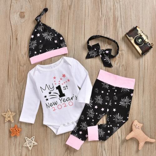 New Year Newborn Baby Girl Cotton Clothes Set Romper Pants Headband Hat Letter Print Tops Outfits 4pcs Toddler Suit