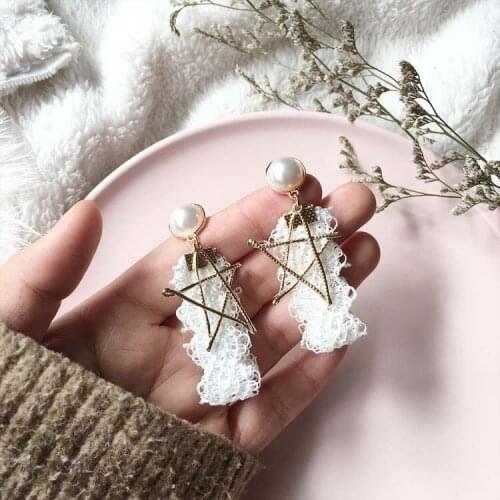 Charm Earrings Fashion New Temperament Wild Sweet Double Lace Pearl Pentagram Long Womens Earrings Wholesale