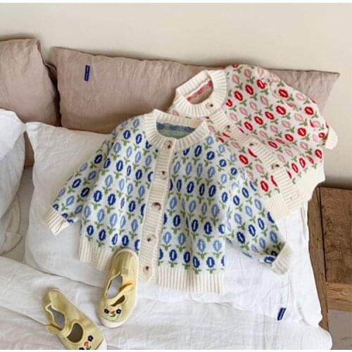 2021 Casual Children Clothing Girls Small Flower Sweaters Small And Medium-Sized Children Western Style Knitted Cardigans