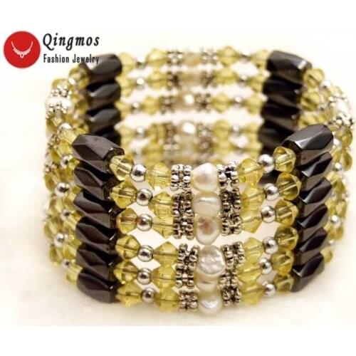 Qingmos Trendy 4-5mm Natural 36'' White Baroque Pearl Necklace Bracelet for Women and Yellow Crystal & Black Hematite Bra363