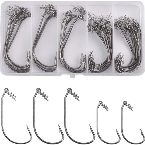 50Pcs/Box Fishing Worm Hook With Spring Twist Lock Barbed Crank Carp Hook For Soft Worm Bass Lure Offset Jig Hook
