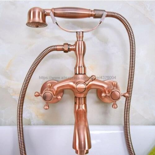 Bathroom Antique Red Copper Clawfoot Bathtub Faucet Deck Mounted Double Handle Tub Faucet With Handheld Showers Nna323