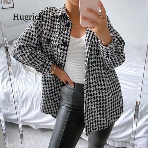 Women Street Wear Black Plaid Loose Autumn Outwear Jackets Female Fashion Single Breasted Houndstooth Thick Coat Jacket