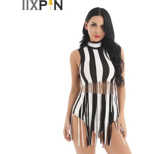 2Pcs Womens Jazz Costume High Neck Sleeveless White Black Striped Tassel Tops With Underwear Shorts Nightclub Jazz Dance Wear