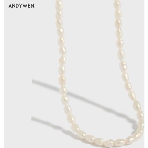 ANDYWEN 925 Sterling Silver Ovals Pearl Charm Pearl Charm Choker Necklace Women Fashion Long Chain Women Jewelry Gift Fashion