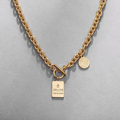 Hip Hop Punk Neck Necklace Female Trend New English Disc Square Pendant Temperament Clavicle Chain Jewelry for Women Collier