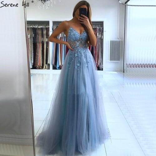 Serene Hill Blue Beaded A-Line Prom Dress 2021 Sexy Backless Spaghetti Straps With Split For Women Formal Party Gown CLA6