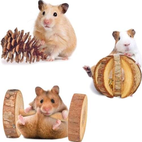 10PCS Hamster Chew Toys Natural Wooden Pine Guinea Pigs Rats Chinchillas Toys Accessories Dumbells Exercise Bell Roller
