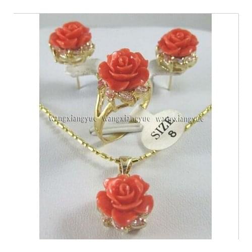 12MM Pink Coral Carved Flower Earrings Ring Necklace Pendant set ^^^@^NEW style Fine jewe Noble Natural Natural