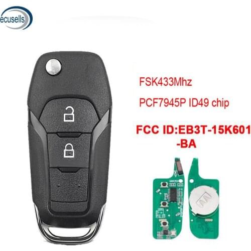 2 Buttons Remote Car Key For Ford Ranger F150 2015-2018 FSK433Mhz PCF7945P ID49 Chip FCCID : EB3T-15K601-BA