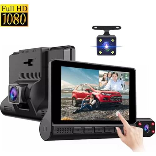 3 Cam In 1 Car DVR Dash Cam Dual Lens Front Camera 4-Inch Touch Screen Full HD 1080P WDR Black Box and Rear View Reverse Dashcam