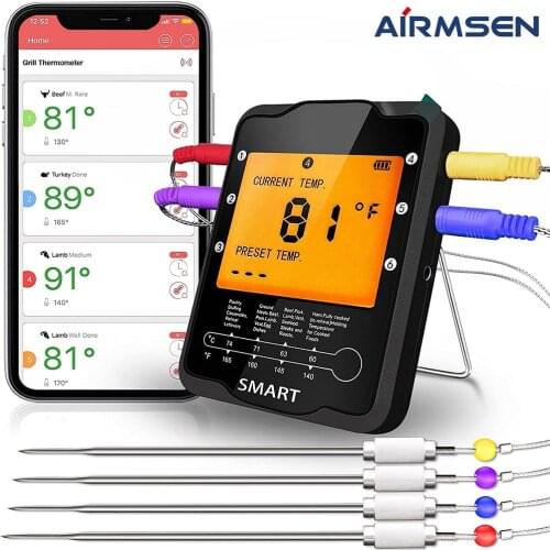 AIRMSEN Wireless Bluetooth Remote Digital Kitchen Cooking Food Meat Backlight Thermometer With Probe For BBQ Smoker Grill Oven