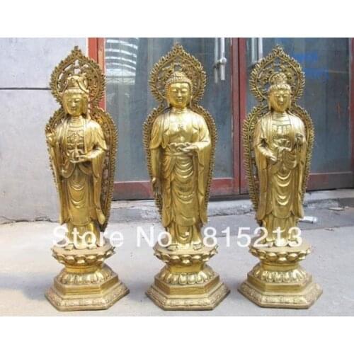Bi00323 Tibet Buddhism Pure Brass Copper Three Saints of the West Kwan Yin Buddha Set