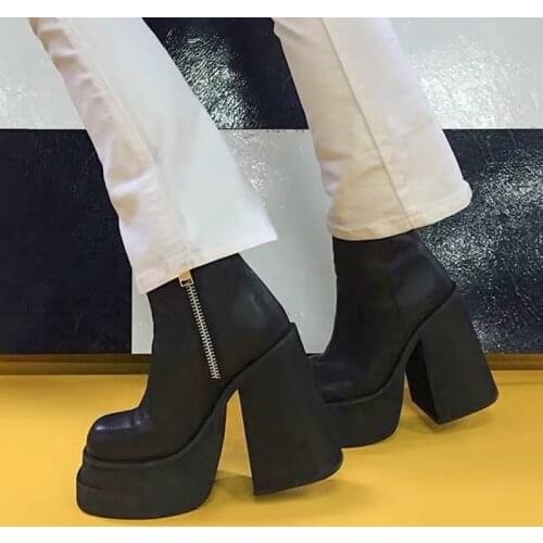 Punk style genuine leather ankle boots for woman side zipper chunky high heels platform pumps autumn winter party shoes woman