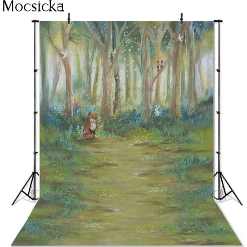 Wild Jungle Animal Backdrop Fox Owl Forest Painting Style Child Birthday Portrait Cake Smash Photography Background Photo Studio