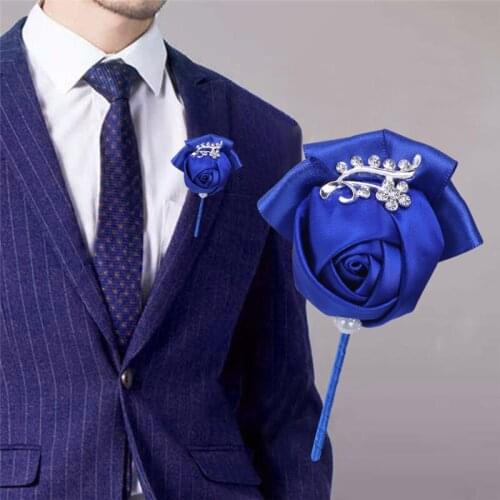 Hot Salenew Royal Blue Lang Suit Lapel Pin Bridal Rhinestone Ribbon Rose Corsage Wrist Flower Party Wedding Supplies XH1300