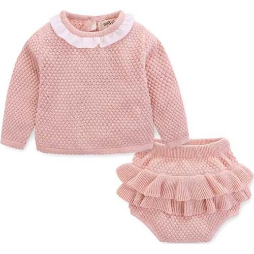 0-2 Year Old Clothing New 2020 Autumn Baby Girls Suit Knit Cotton Baby Long Sleeve Blouse + Lotus Leaf Shorts Baby Clothing Set