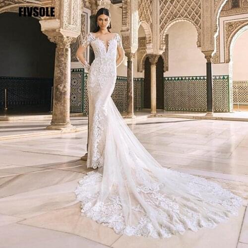 Fivsole Mermaid Wedding Dresses Long Sleeves Backless Detachable Train 2 In 1 Lace Applique Bridal Wedding gowns Tailor-made