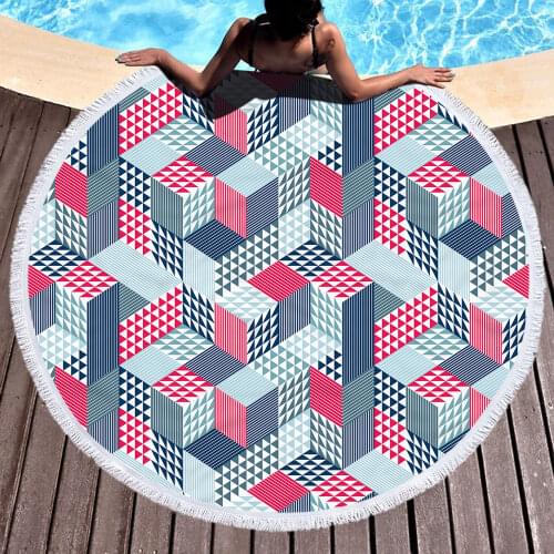 Fashion Geometric Print Summer Travel Beach Towel With Tassel 150cm Big Round Microfiber Swimming Towel Adult Bath Towels
