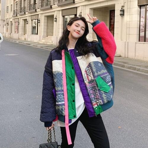 Winter Padded Cotton Jacket Female Stitching Color Matching Thickening Stand-up Collar Loose Women Coat Profile Baseball Uniform