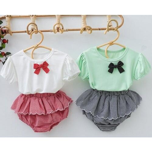 Summer Baby Girl Clothes Suit Infant Baby Girls Clothing Sets Short Sleeve Cotton T-shirt+Lattice Shorts Baby Girls Clothes