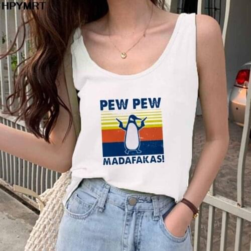 Summer New Tee Women Pew Pew penguin Print Sleeveless Casual Loose White T-Shirt For Girls Students Lady Vogue Tank Tops Female