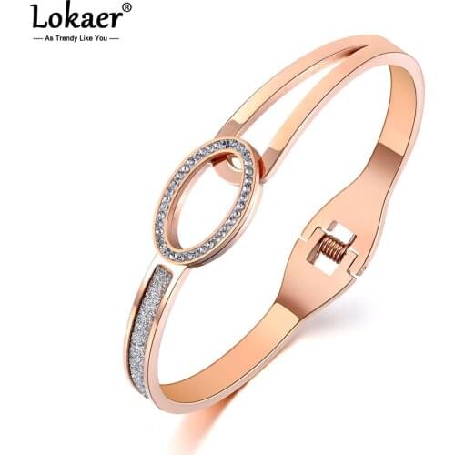 Lokaer Stainless Steel Oval Rhinestone Wedding Bangles Bracelets Jewelry For Women Rose Gold Color Anniversary Day Gift B19034