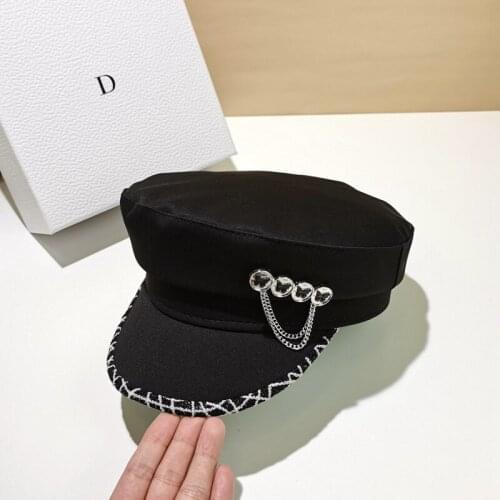Fashion Women Military Hat Autumn Sailor Hats Black Ladie Beret Caps Flat Top Captain Cap Travel Cadet Octagonal Hat Chain Tide