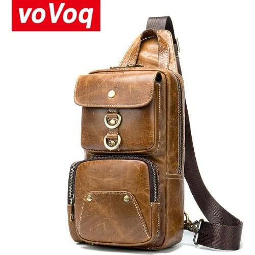 Mens Fashion Retro Genuine Leather Foot Leisure Travel Bag Shoulder Messenger Bag Waterproof Wear Chest Harness Chest Pocket