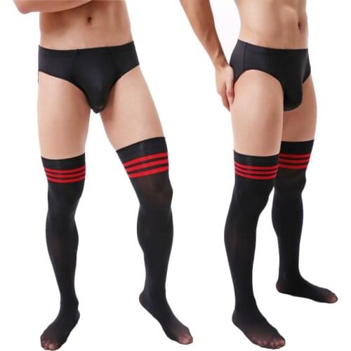 Mens Long Football Socks Mens Velvet Long Over-knee Socks Black and Red Striped Male Socks Mens Stockings
