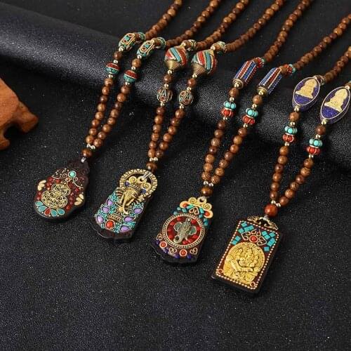 New Handmade Necklace Nepal Buddhist Mala Wood Beads Pendant & Necklace Ethnic Fish Horn Long Statement Men Womens Jewelry