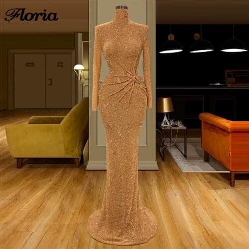 Turkish Gold Mermaid Evening Dress For Weddings See Through 2020 New Handmade Glitter Prom Dresses Celebrity Gown Robe de Soiree